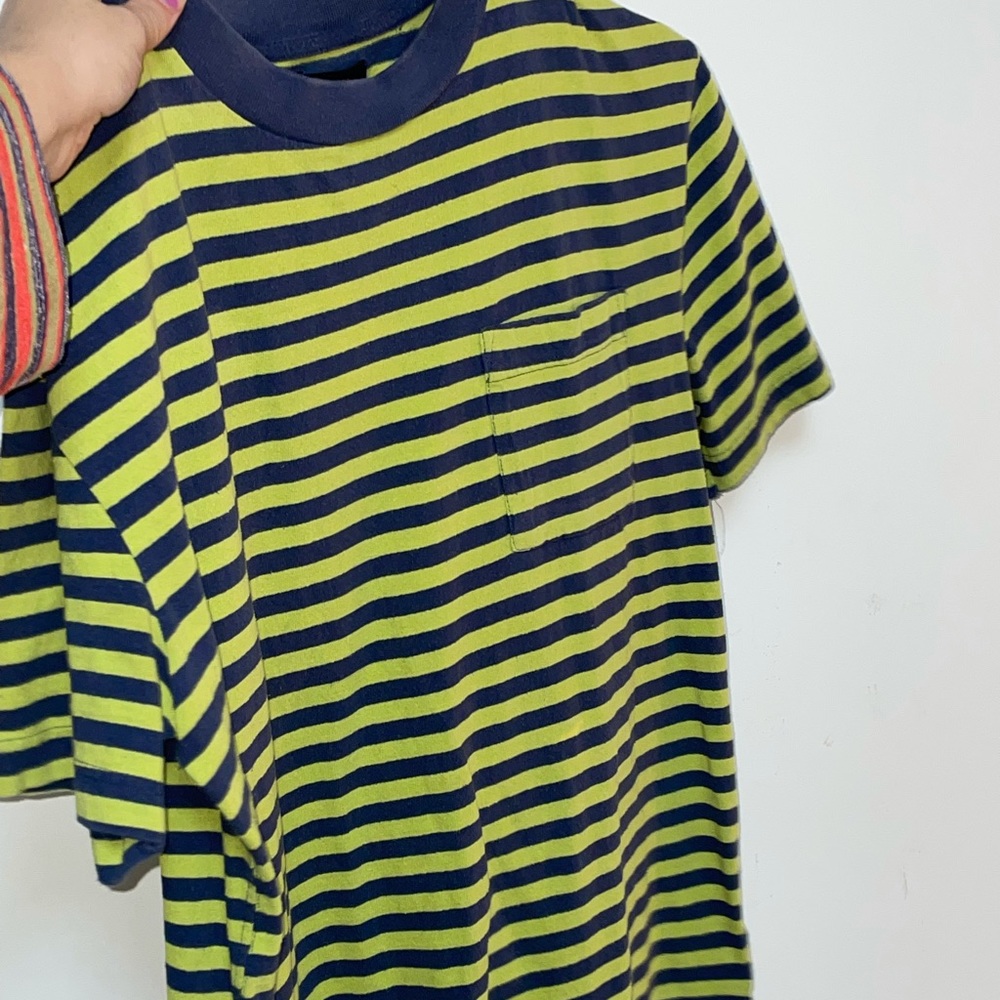 Chartreuse green and navy blue stripe t shirt with pocket